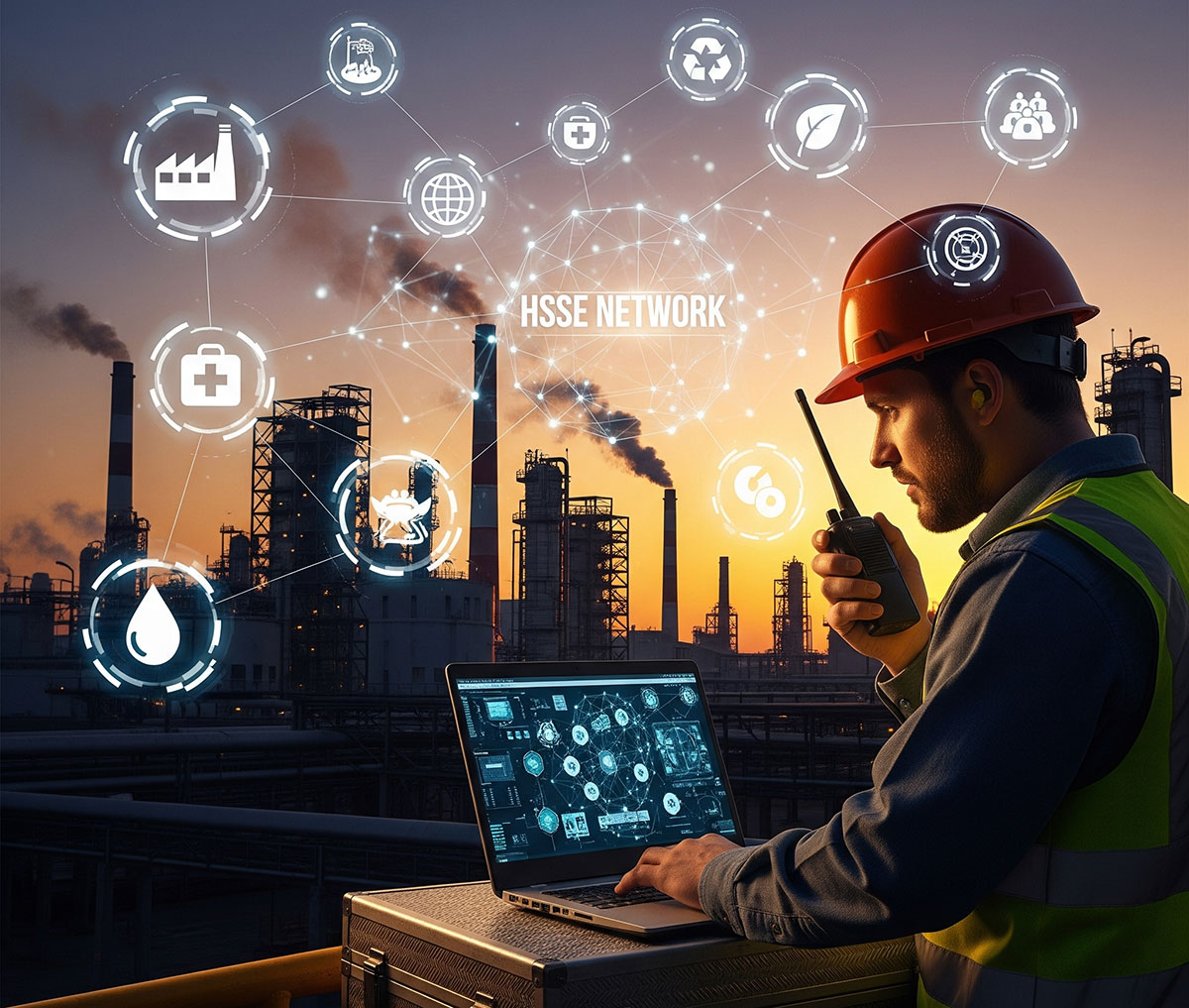 Safety engineer with hard hat using a tablet on a modern industrial site